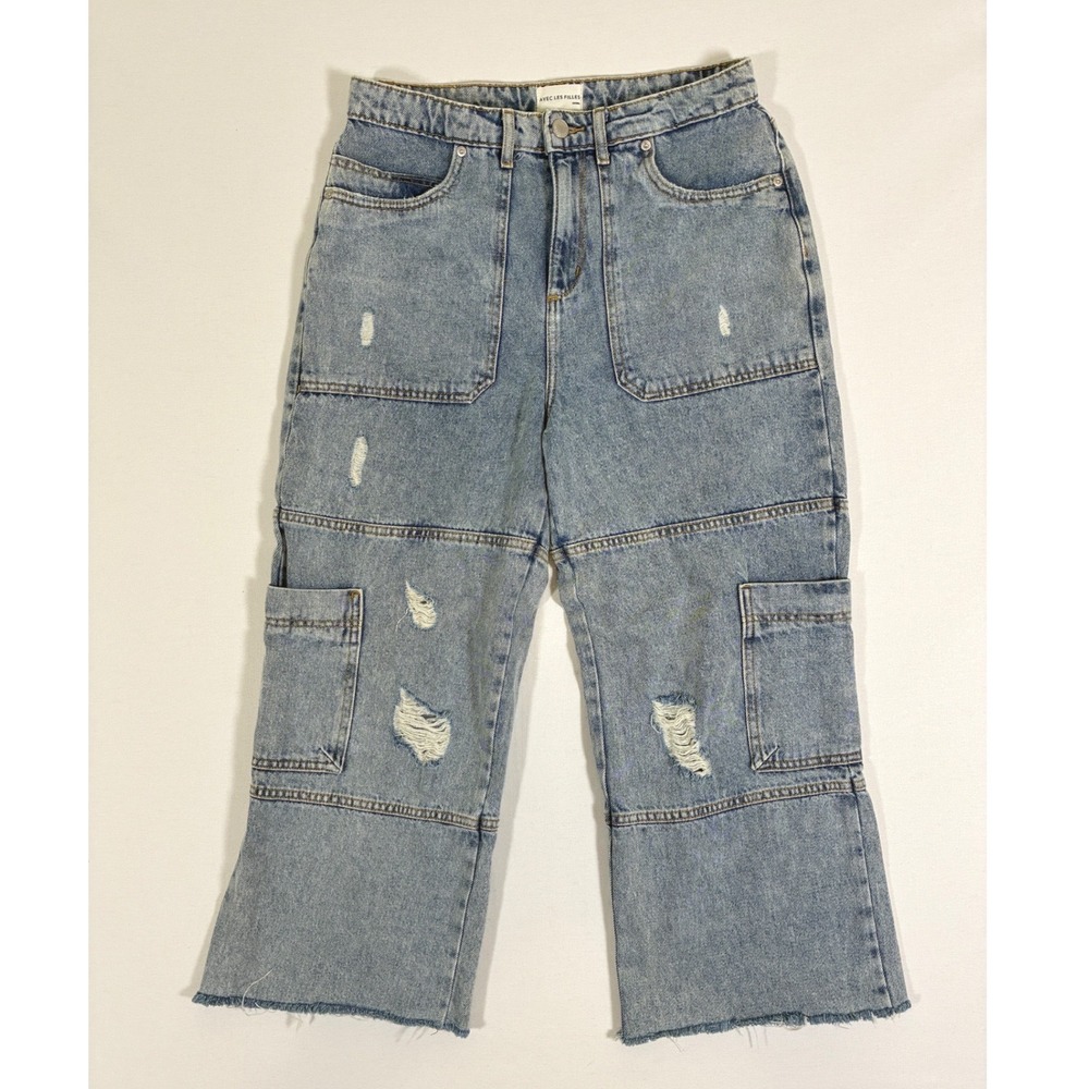 Avec Les Filles Distressed Utility Cargo Jeans Light Wash Wide Leg Size 28